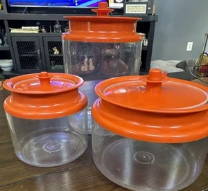 Set Of 3 TUPPERWARE Canisters Orange Push Button Lid Clear Acrylic Vintage - Picture 1 of 8