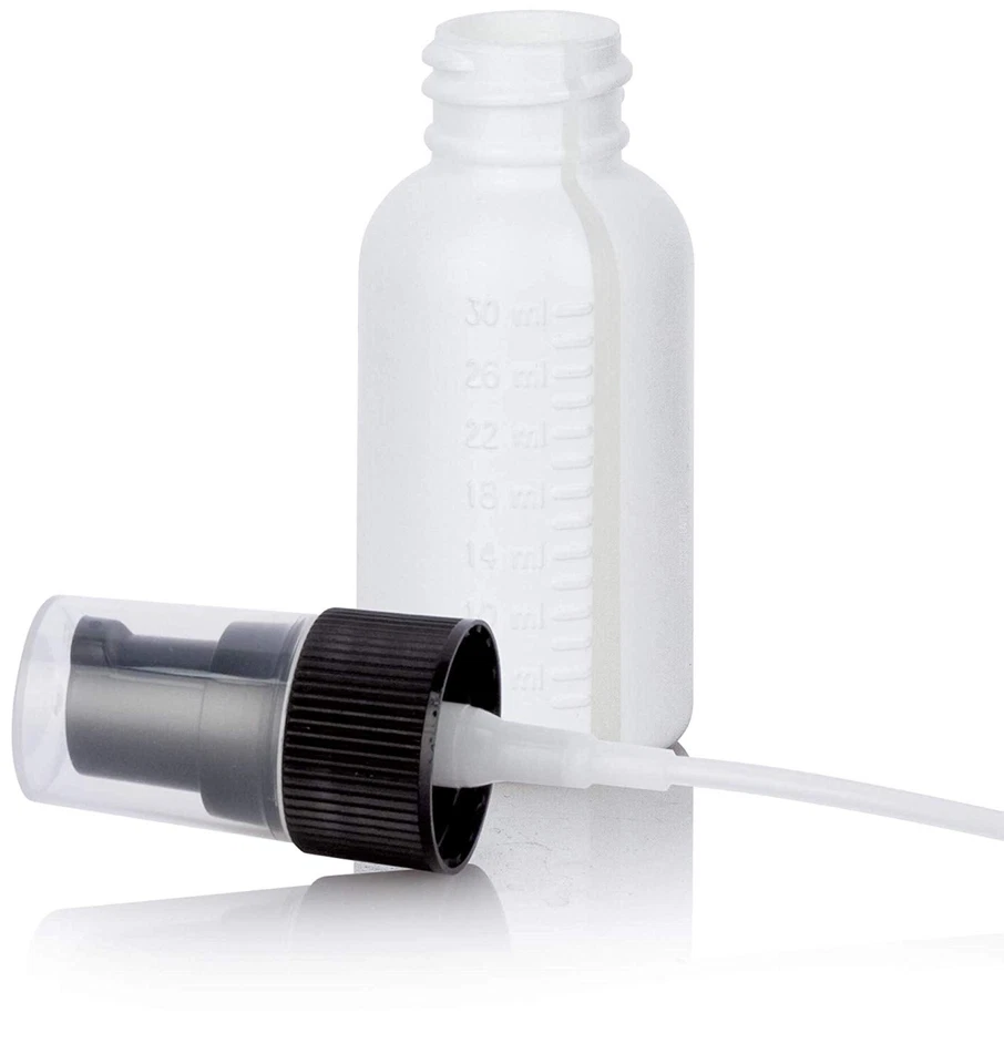 1 oz / 30 ml White HDPE Plastic Boston Round Bottle with Black Treatment Pump - Image 1 of 1