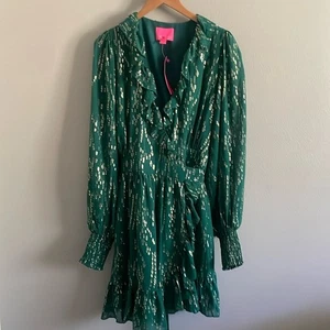 Lilly Pulitzer Birdy Langarm Seide Evergreen und Gold Wickelkleid Größe 14 - Bild 1 von 12