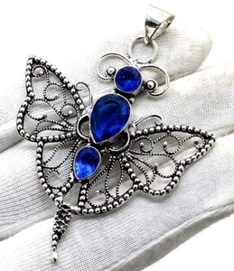 925 Sterling Silver Blue Tanzanite Gemstone Handmade Jewelry Butterfly Pendant - Picture 1 of 2