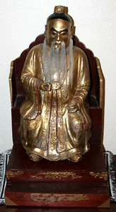 Qing-Dynastie Gold polychrome handgeschnitzte Holzstatue sitzt auf Thron 23,5 Zoll - Bild 1 von 12