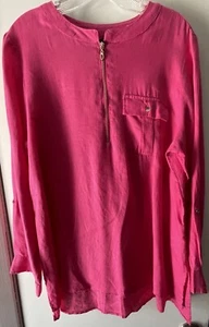 JONES NEW YORK FUSCIA PINK LINEN TUNIC W/ POCKET & ROLL TAB SLEEVES - SIZE LARGE - Picture 1 of 7