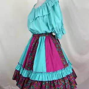 Square Dance Kleid Outfit Rosa Aqua Grün Blumen Rock Grün Bluse - Bild 1 von 10