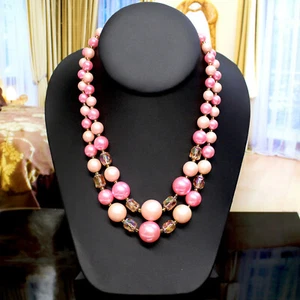 Vintage Japan Double Strand Beaded Necklace Frosted & Metallic Pinks 15" w Extnd - Picture 1 of 6