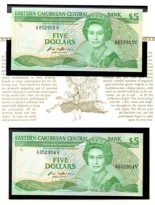 East Caribbean $5 1985 P-18v UNC w/FDI UN FLAG STAMP St. Vincent 2 CONSECUTIVE - Picture 1 of 6