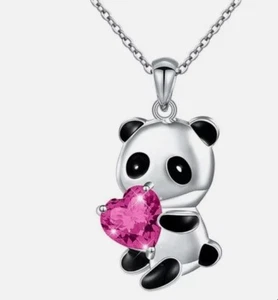 1 Pink Heart Panda Bear Necklace W/ Adjustable Rollo Chain Silver Plated Gift - Picture 1 of 1