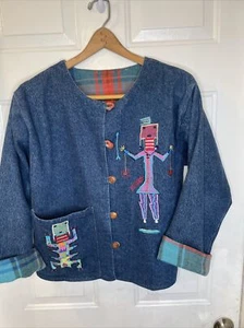 VTG women's M Denim Jacket Kachina Doll lizard Pier 1 denim Embroidered - Picture 1 of 19