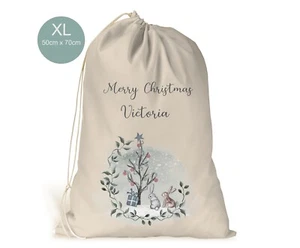 Personalised XL Christmas Sack Stocking Presents Gift Bag Bunny Hare Snow Scene - Picture 1 of 1