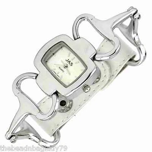NUEVO RELOJ JAS DAMAS PLATA HEBILLA METÁLICA CUERO BLANCO PATRÓN A PRESIÓN CORREA - Imagen 1 de 1