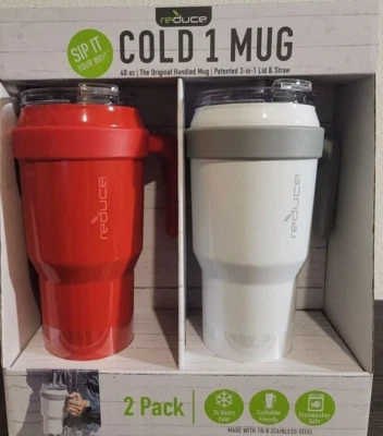 2x Reduce Cold 1 Mug 40oz Stainless Steel Tumbler w/ Handle 3-in-1 Lid Red/White - Image 1 of 3