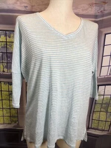 Chicos 1 M NWT Stripe Drop Shoulder Tunic Aqua  3/4 Sleeve Linen $69 - Picture 1 of 4