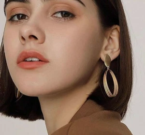 Gold Metal Clip On Hoop Earrings Oval Drop Dangle Non Pierced Round Earrings - Picture 1 of 7