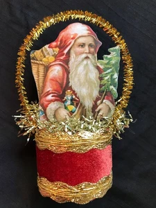 Antik Look Schrott Weihnachtsschmuck WEIHNACHTSMANN -- ROT & Gold Korb, Handarbeit - Bild 1 von 4