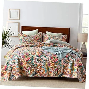 Cotton Bedspread Quilt Sets, Reversible King Size Yellow Red Paisley Floral - Picture 1 of 7