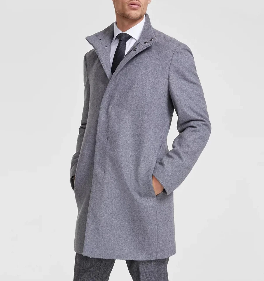 $497 Calvin Klein Hombre Gris Claro Mayden Calce Ajustado Lana Abrigo Chaqueta Talla 40S Foto 1 de 4