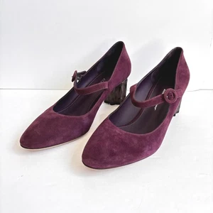 Salvatore Ferragamo Suede Mary Jane Pumps Block Heel Burgundy Size 10 C Narrow - Picture 1 of 14