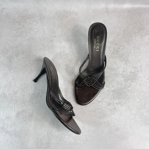 Gucci Black Leather Strappy High Heel Sandals Women's Shoes - Picture 1 of 14