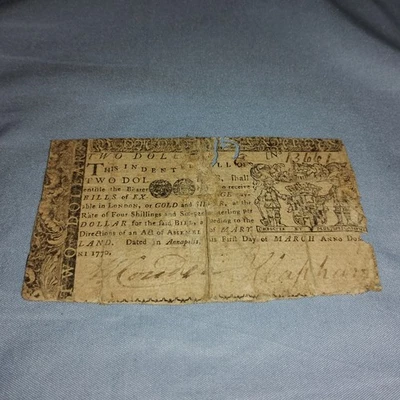 1770 $2 COLONIAL CURRENCY Maryland Two DOLLAR NOTE Low Grade Condition  - Image 1 of 4