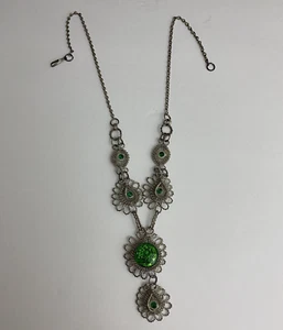 Antique Silesia Iron Wirework Necklace Green Czech Glass Selesian 12” Bohemian - Picture 1 of 12