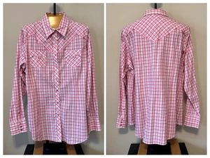 Ariat Western Square Pearl Snap Shirt Womens XL Pink Plaid Silver Metallic Vtg - Picture 1 of 16