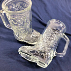 Two Vintage Libbey Cowboy Boots Glass Mugs With Handles Clear Glass 6" Tall