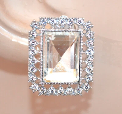 Orecchini a clips donna argento cristalli trasparenti bottone lobo strass UW45 - Immagine 1 di 2