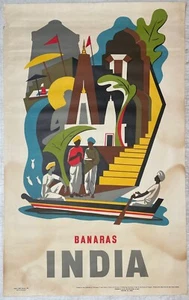 RARE Original 1957 BANARAS Varanasi INDIA Ganges Travel Color POSTER - Picture 1 of 10