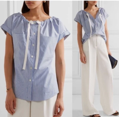 Топ Theory Velvelvela в полоску синий короткий рукав размер 2 хлопковая универсальная кнопка B21 - Изображение 1 из 4