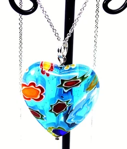COLGANTE DE VIDRIO HEART Sh Millerfioro Murano 1,25 gota s/s .925 18" ch hecho en Italia - Imagen 1 de 4