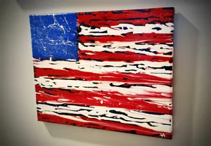 Pintura acrílica por goteo sobre lienzo original bandera americana "EE. UU." 4 de julio 11"x14" - Imagen 1 de 3