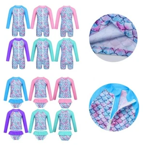 Kids Girls Rash Guard Fish Scales Swimsuits Tops+Bottom Tankini Beachwear Outfit - Picture 1 of 37