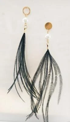 Long Black Feather Earrings Gold & Pearl Posts Large 7" Long BoHo - Image 1 of 2