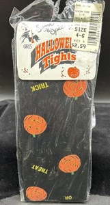 Vintage Halloween Mädchen Strumpfhose Kürbisse JOL Trick or Treat beflockt schwarz Gr. 4-6 neu - Bild 1 von 9