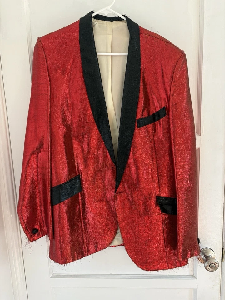  1950’s Rock and Roll Rojo Brillo Cojo’ Traje Llamado Chaqueta Rojo Conjunto Pantalones Foto 1 de 4