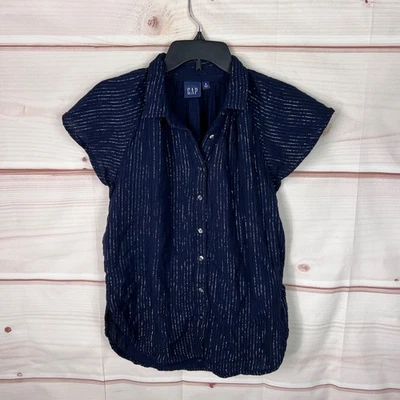 Gap Top Womens S Blue Silver Stripe Shirt Button Up Flutter Sleeve Collar Cotton - Изображение 1 из 4