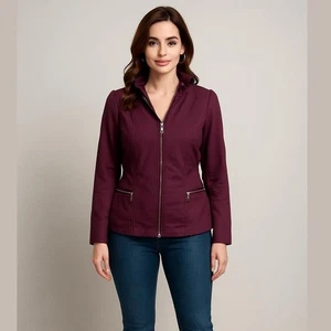 White House Schwarzmarkt Aubergine perfekte Form Reißverschluss vorne Rüschen Blazer Gr 14 - Bild 1 von 12