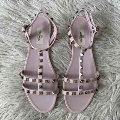 Sandalias Planas Valentino Blush Rosa Poudre Goma Dorada Rockstud Correa en T Usadas en Excelente Condición Talla 39 Foto 1 de 4