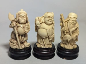 Juego De Colección De 3 Sabios Chinos Tallados A Mano Madera Base Resina Estatuilla 4" Estatua - Imagen 1 de 16