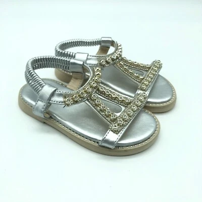Sandalias para niñas pequeñas imitación cuero pedrería metálicas plateadas talla 23 EE. UU. 7 Foto 1 de 4