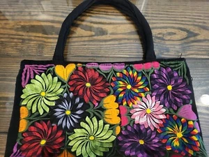 Maya Mexican Hand Embroidered Zipper Tote Bag Flowers Floral Orange Red Pink - Picture 1 of 11