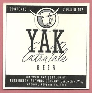7 oz Yak Extra Pale Beer Label, Irtp, Burlington Brewing, Burlington, Wi