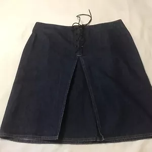 Dark Denim Skirt Faux Lace Up Front Back Zip Sz 10 No Pockets IE Relaxed - Picture 1 of 10