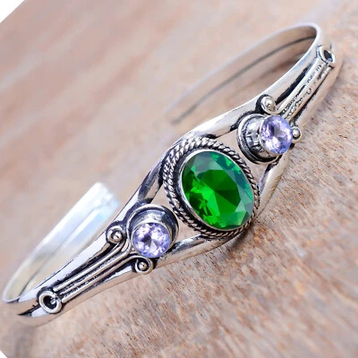 Chrome Diopsid & Amethyst Cut Gemstone 925 Sterling Silver Dainty Bangle Cuff - Image 1 of 4