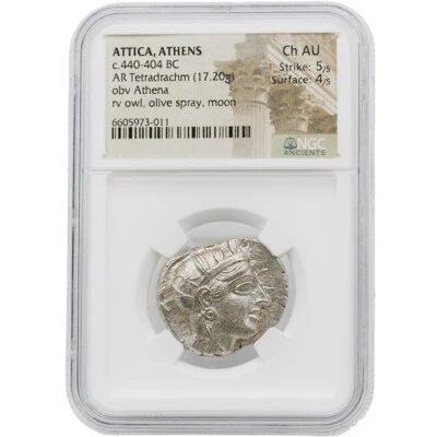 🌟 Attica Athens Owl 440-404 BC Silver Tetradrachm NGC CH AU 5/5 4/5 Choice AU - Image 1 of 4