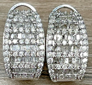 10K White Gold Real Natural Diamond J Hoop Omega Back Wide Earrings Signed SJD - Picture 1 of 19