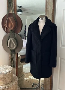 Women's Sz Small French Connection Black Faux Fur Teddy Bear Long Coat Outerwear - Picture 1 of 6