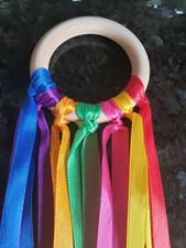 Baby Sensory Rainbow Ribbon Natural 7cm Beech Wood Ring SEN Ring Baby Girl/Boy🌈