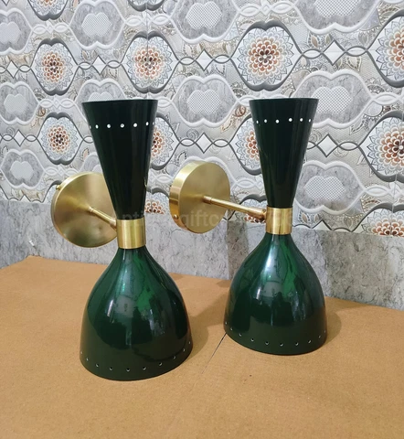 SET OF 2 1950's Mid Century Brass Italian Diabolo Wall Sconce Dark Green light Cover