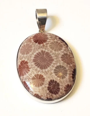 Colgante grande de coral fosilizado de plata de ley 1 3/4" h x 1 3/8" con fianza larga Foto 1 de 4