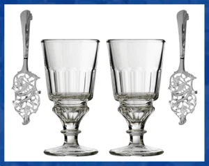 2 French La Rochere Pontarlier Absinthe Glasses & 2 Classic Leaf Spoons Set